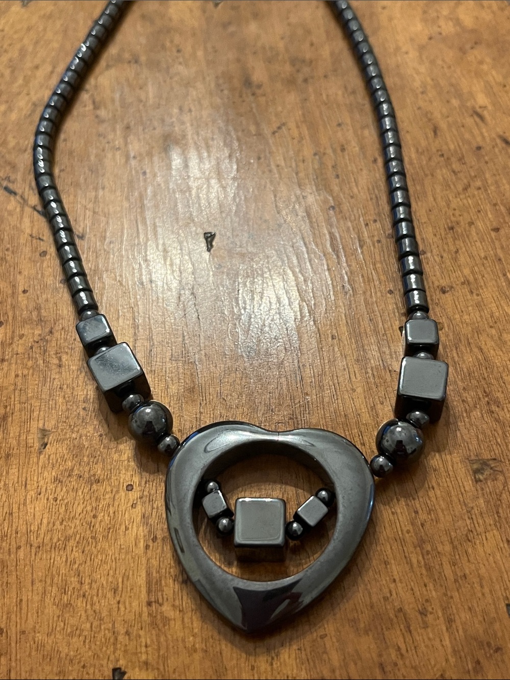Vintage Hematite Beaded Necklace Open Heart Pendant